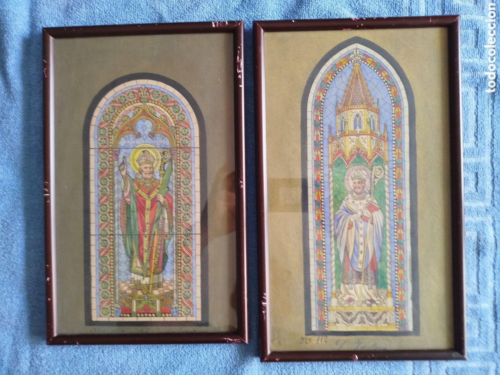Antig&uuml;edades: Dos cuadros antiguos dibujos pintados a mano para vidrieras, de San Indalecio y San Judero.