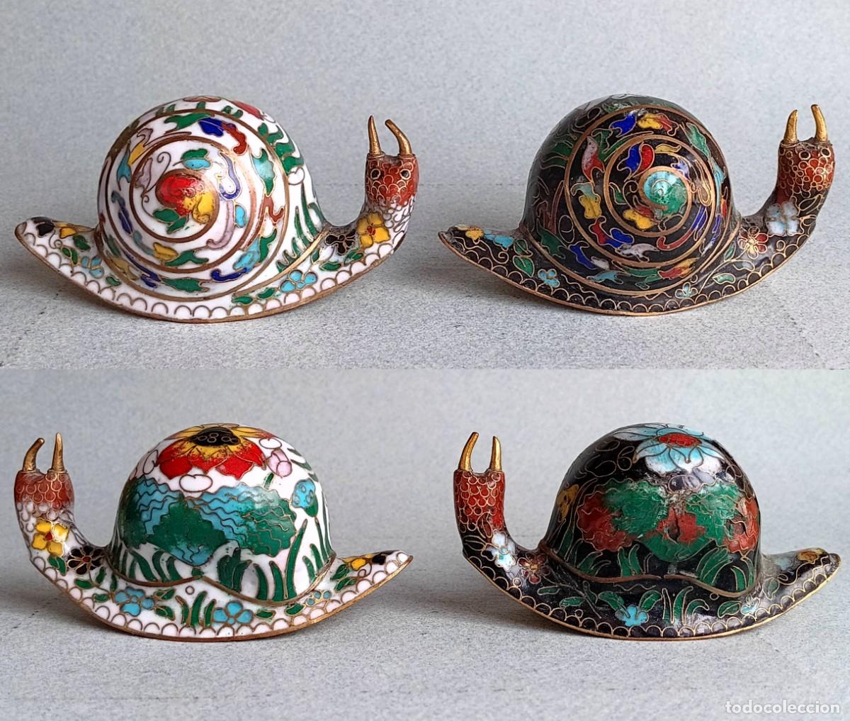 Antig&uuml;edades: Pareja de caracoles. Esmalte cloisonn&eacute;. - Foto 2