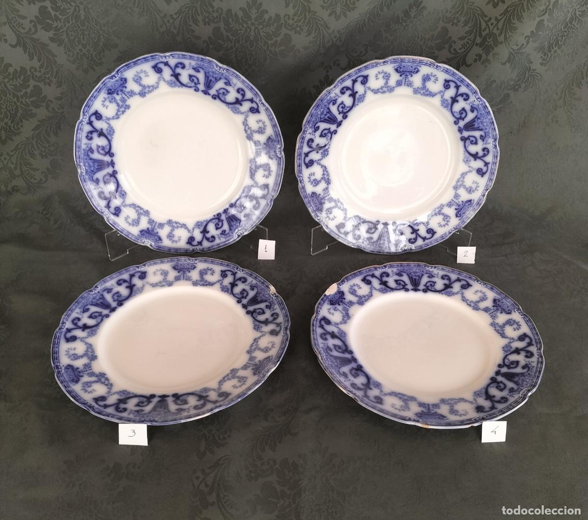 Antig&uuml;edades: PLATOS (4 ud.) &empty; 25 Cm.. W.H. GRINDLEY & CO - DENTON - FLOW BLUE SIGLO XIX/XX (1891-1914). ENGLAND.