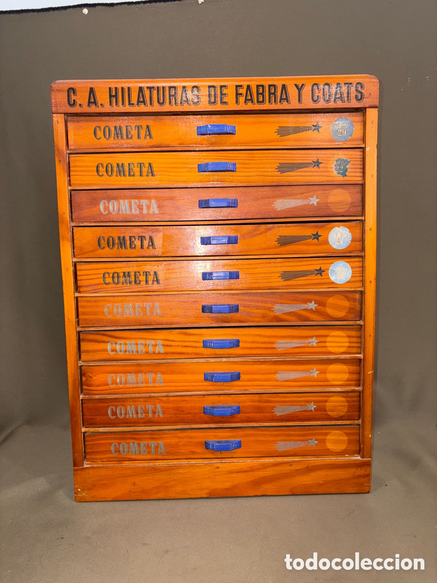 Antig&uuml;edades: Antigua caja de hilaturas COMETA,10 cajones de madera*VER FOTOS*56x41x24,5cm
