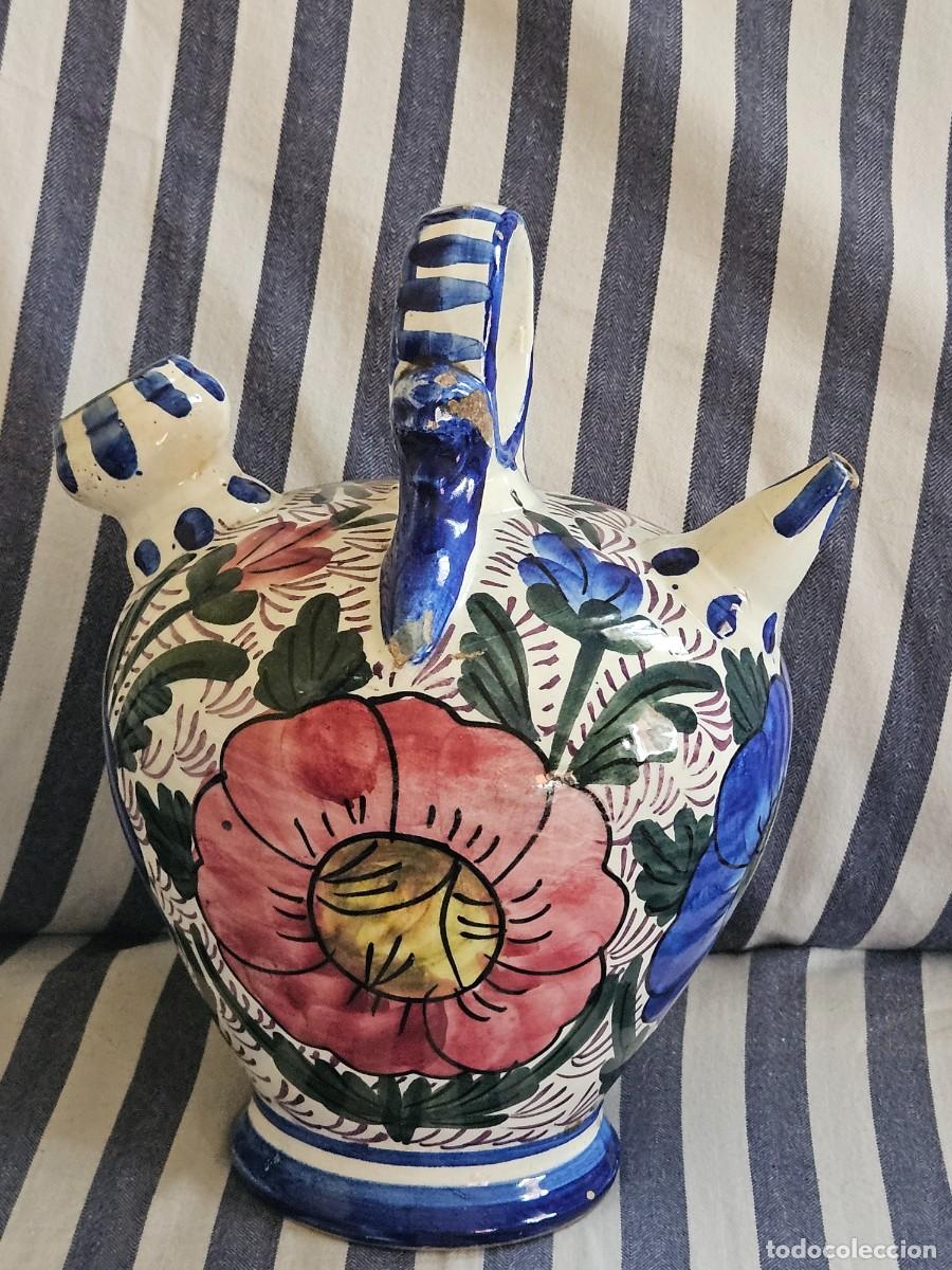 Antiques: Antiguo Botijo De Cer&aacute;mica Artesanal Esmaltado Vidriado Con Motivos Florales, Cer&aacute;mica Manises 1950.