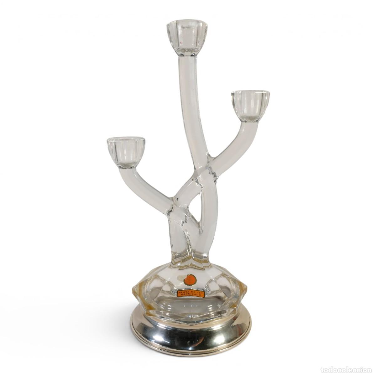 Antig&uuml;edades: Candelabro de 3 luces en cristal con base en plata de ley