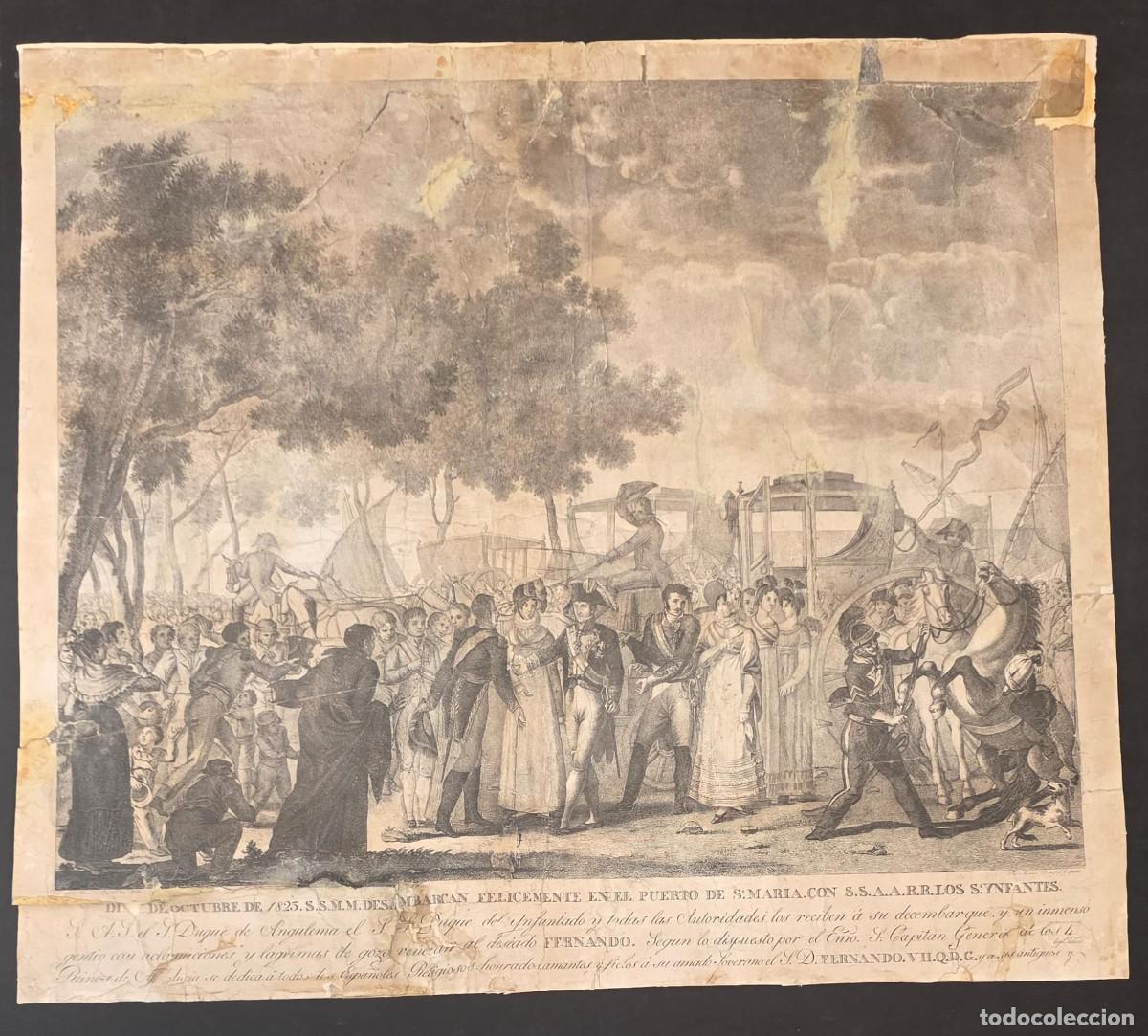 Antig&uuml;edades: Gran Litograf&iacute;a Hist&oacute;rica Fernando VII y los Infantes en El Puerto de Santa Mar&iacute;a (1825) 52X58CM