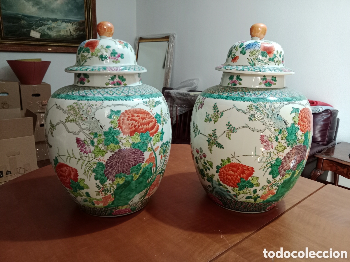 Antig&uuml;edades: gran tibor de joroba o tarro de jengibre con tapa en porcelana china,