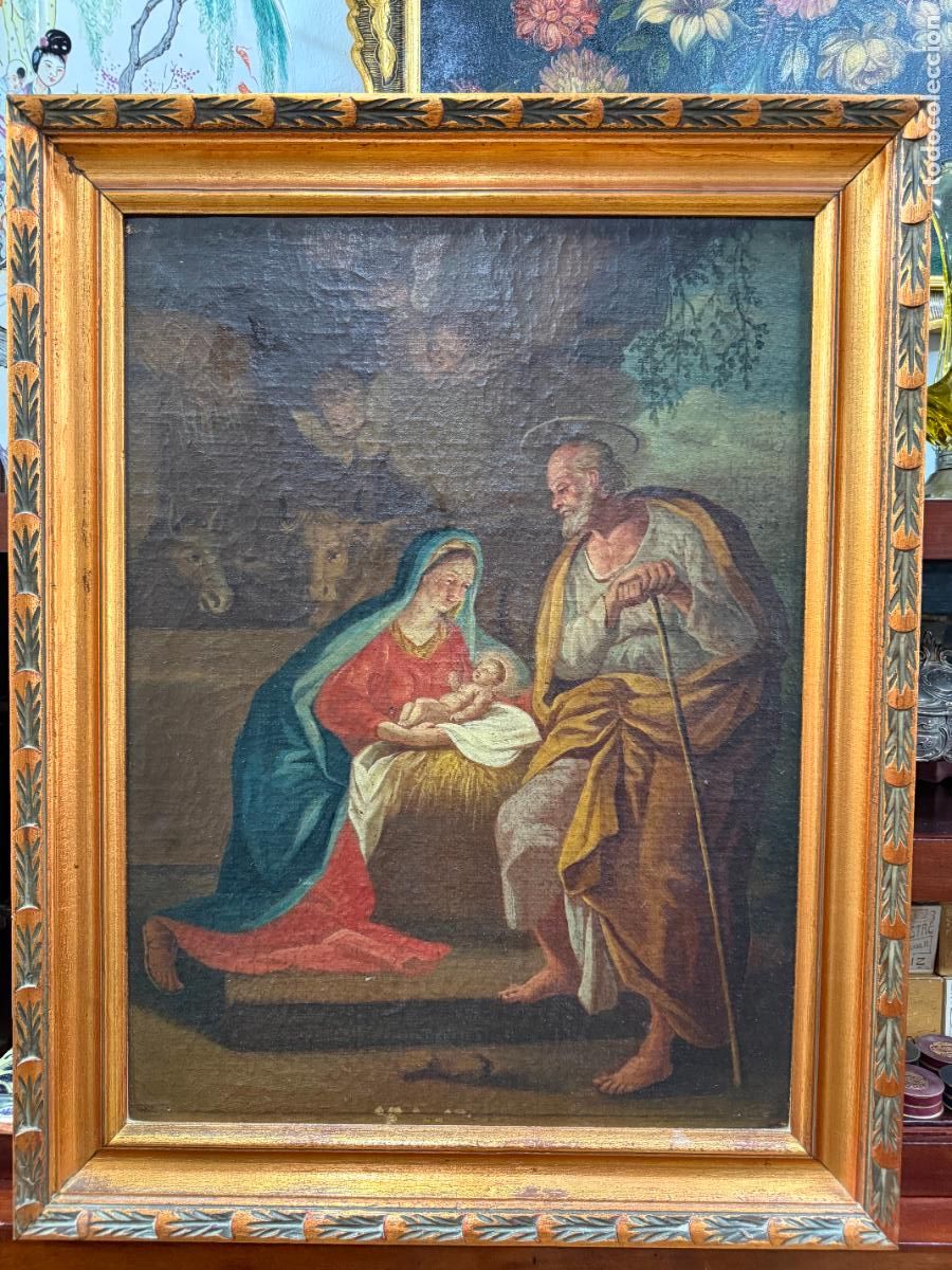 Antig&uuml;edades: OLEO SOBRE LIENZO Y TABLA SIGLO XIX MISTERIO DE LA NATIVIDAD - MEDIDA TOTAL 75X58 CM
