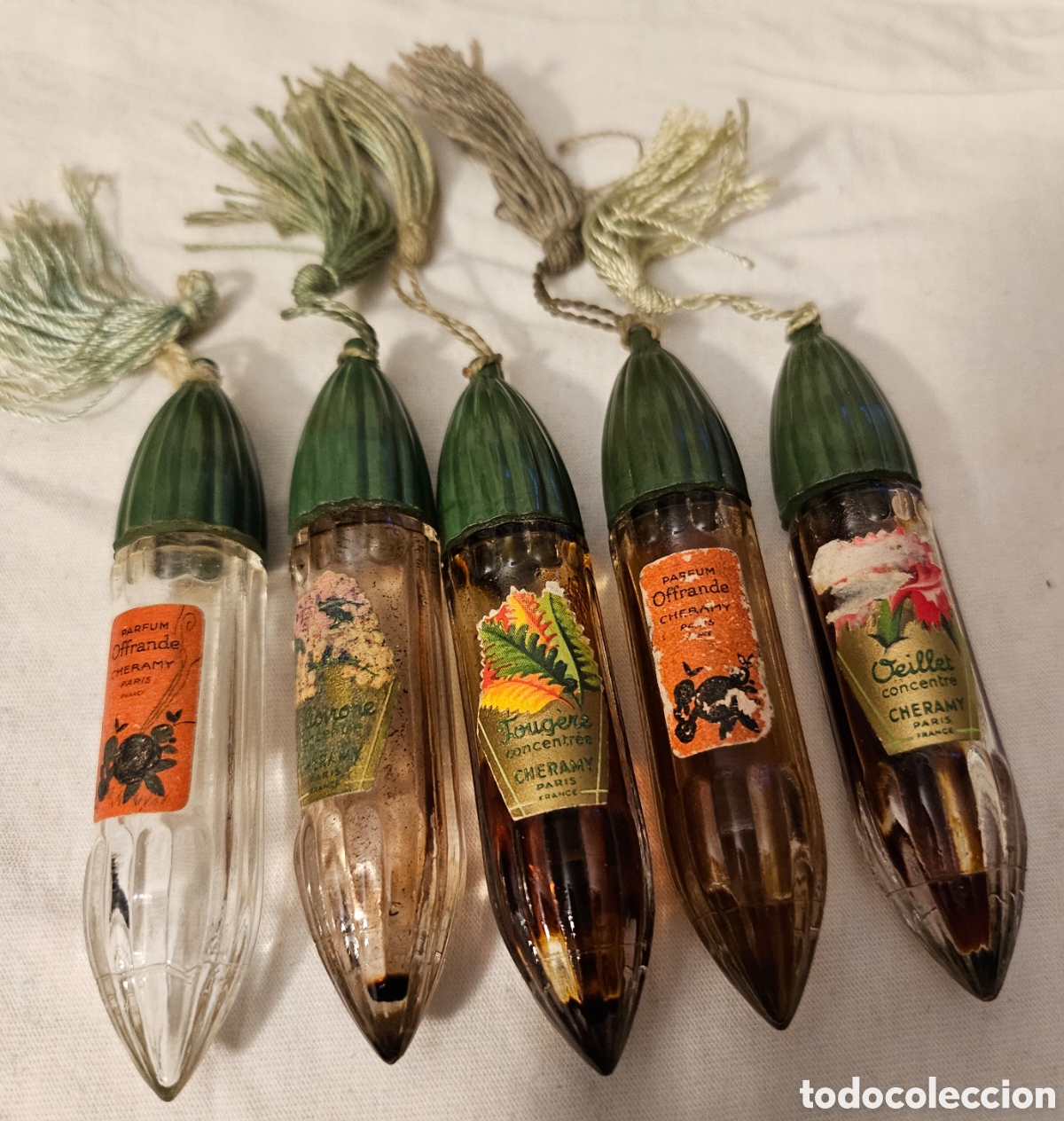 Antig&uuml;edades: Lote 5 Frascos Perfume Miniatura Cheramy Par&iacute;s A&ntilde;os 20/30 - Con Borlas