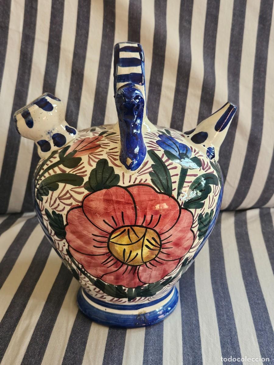 Antig&uuml;edades: Antiguo Botijo De Cer&aacute;mica Artesanal Esmaltado Vidriado Con Motivos Florales, Cer&aacute;mica Manises 1950.