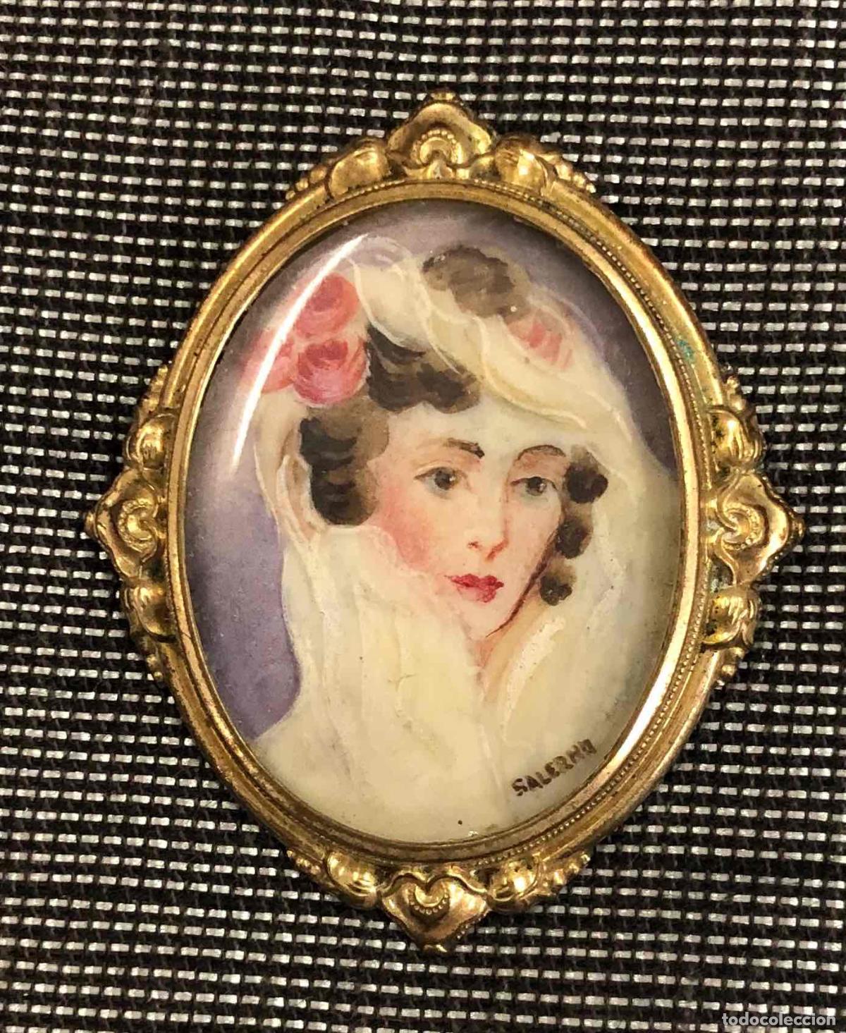 Antig&uuml;edades: PRECIOSO CAMAFEO BROCHE CON MINIATURA EN GOUACHE DE RETRATO DE DAMA. FIRMADO SALERNO
