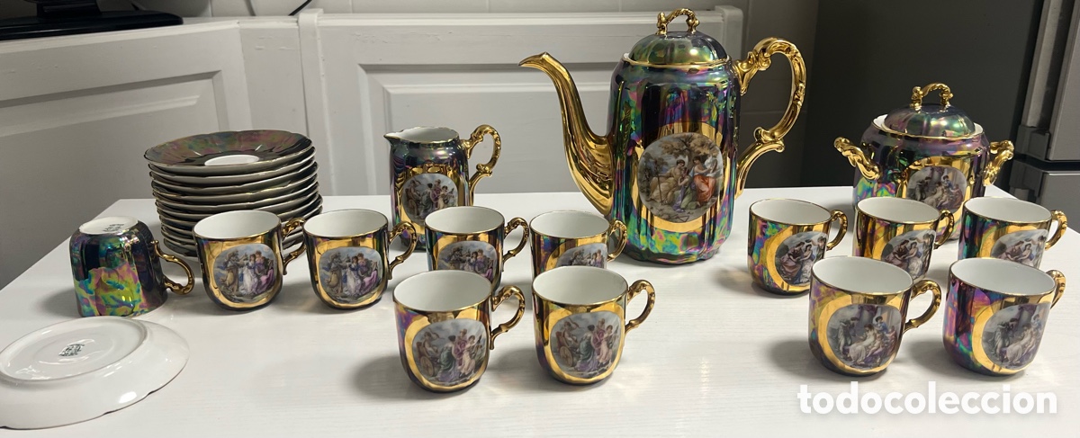 Antig&uuml;edades: Antiguo juego de caf&eacute; Limoges Francia W.G. & Co. porcelana irisada dorada 23 piezas