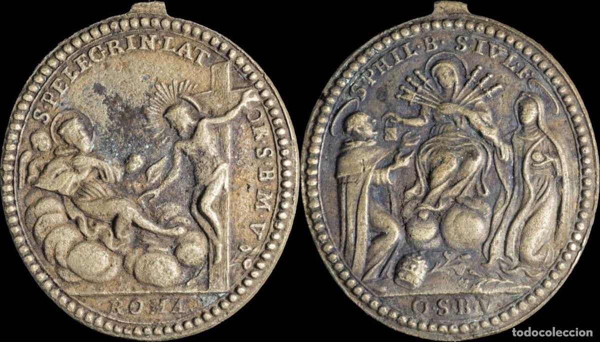 Antig&uuml;edades: Religious medal XVIII, S. Felipe Benicio, Virgen Dolorosa/ S.Pellegrino de Laziosi - 32 x 29 mm.