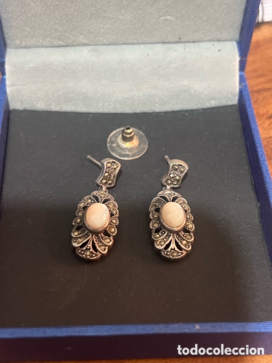 Antig&uuml;edades: Pendientes Vintage de Plata 925 con Piedra N&aacute;car
