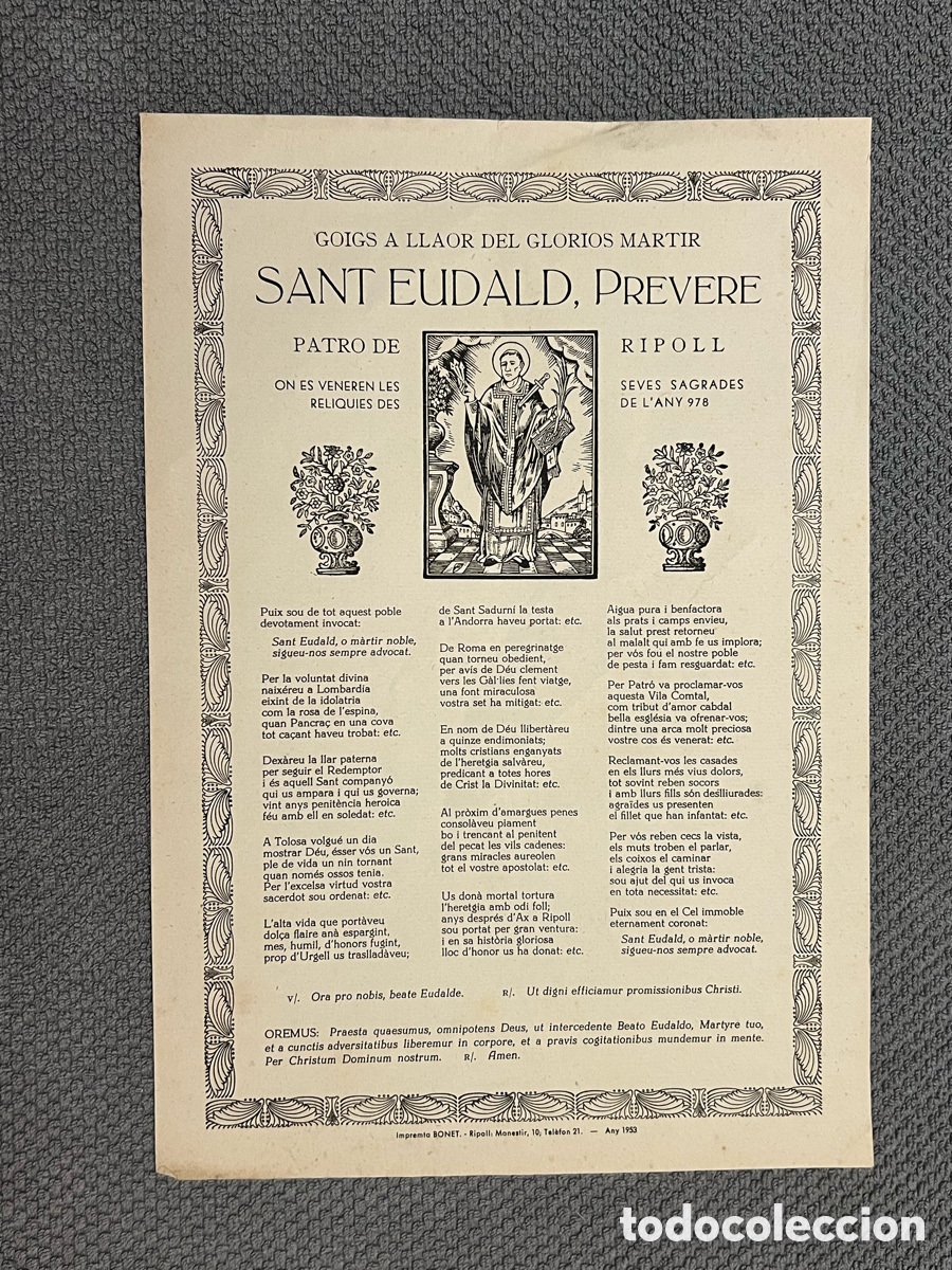 Antig&uuml;edades: RIPOLL. GOIGS A LLAOR DEL GLORIOS MARTIR SANT EUDALD, PREVERE PATRO DE RIPOLL (a.1953)