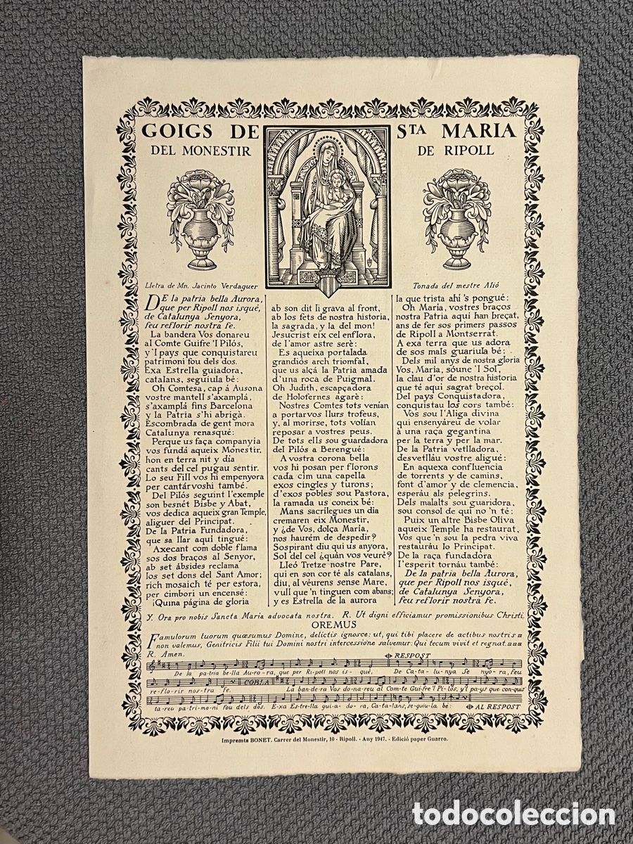 Antig&uuml;edades: RIPOLL.. GOIGS DE STA MARIA DEL MONESTIR DE RIPOLL. Impremta BONET. Any 1947