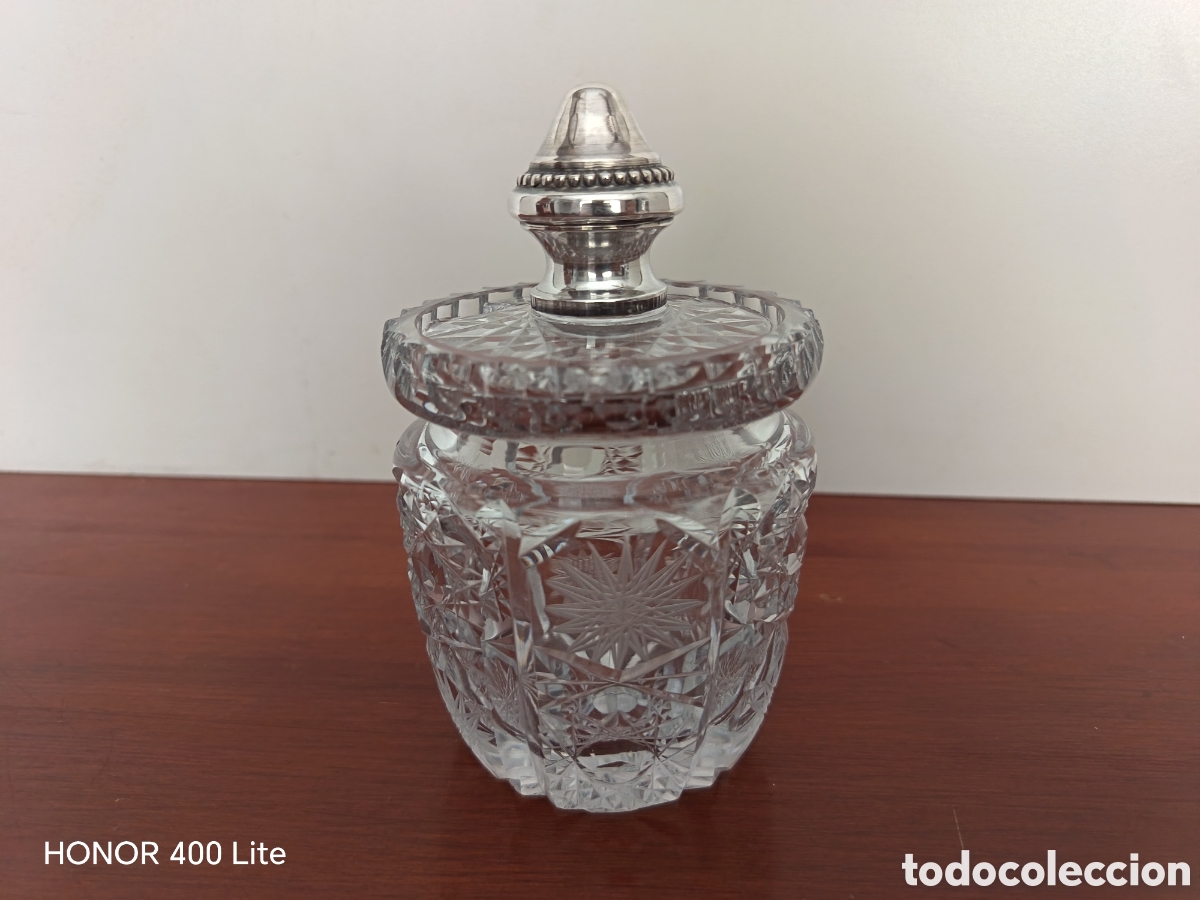 Antig&uuml;edades: Azucarero Antiguo de Cristal Tallado con Pomo en Plata de Ley (Con Punzones)