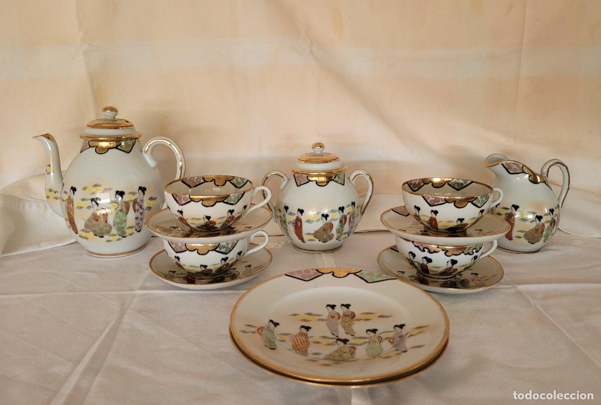 Antiques: Juego de porcelana japonesa cascara de huevo , estilo Kutani/Satsuma, ca. 1945-1955.