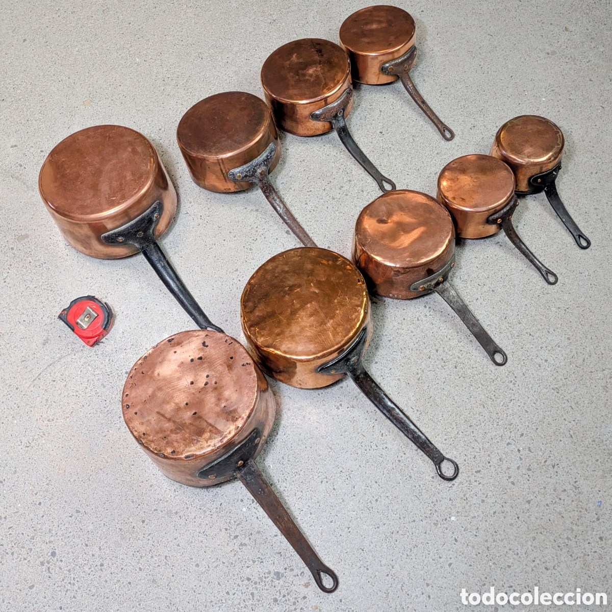 Antig&uuml;edades: Lote 9 ollas cobre Francesas s.XIX Normand&iacute;a