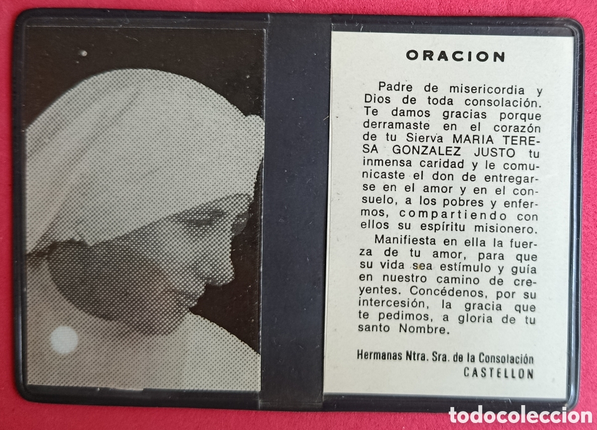 Antig&uuml;edades: PEQUE&Ntilde;A CARTERITA CON ESTAMPA SIERVA MARIA TERESA GONZALEZ JUSTO ( CON RELIQUIA ) ORACION RELICARIO