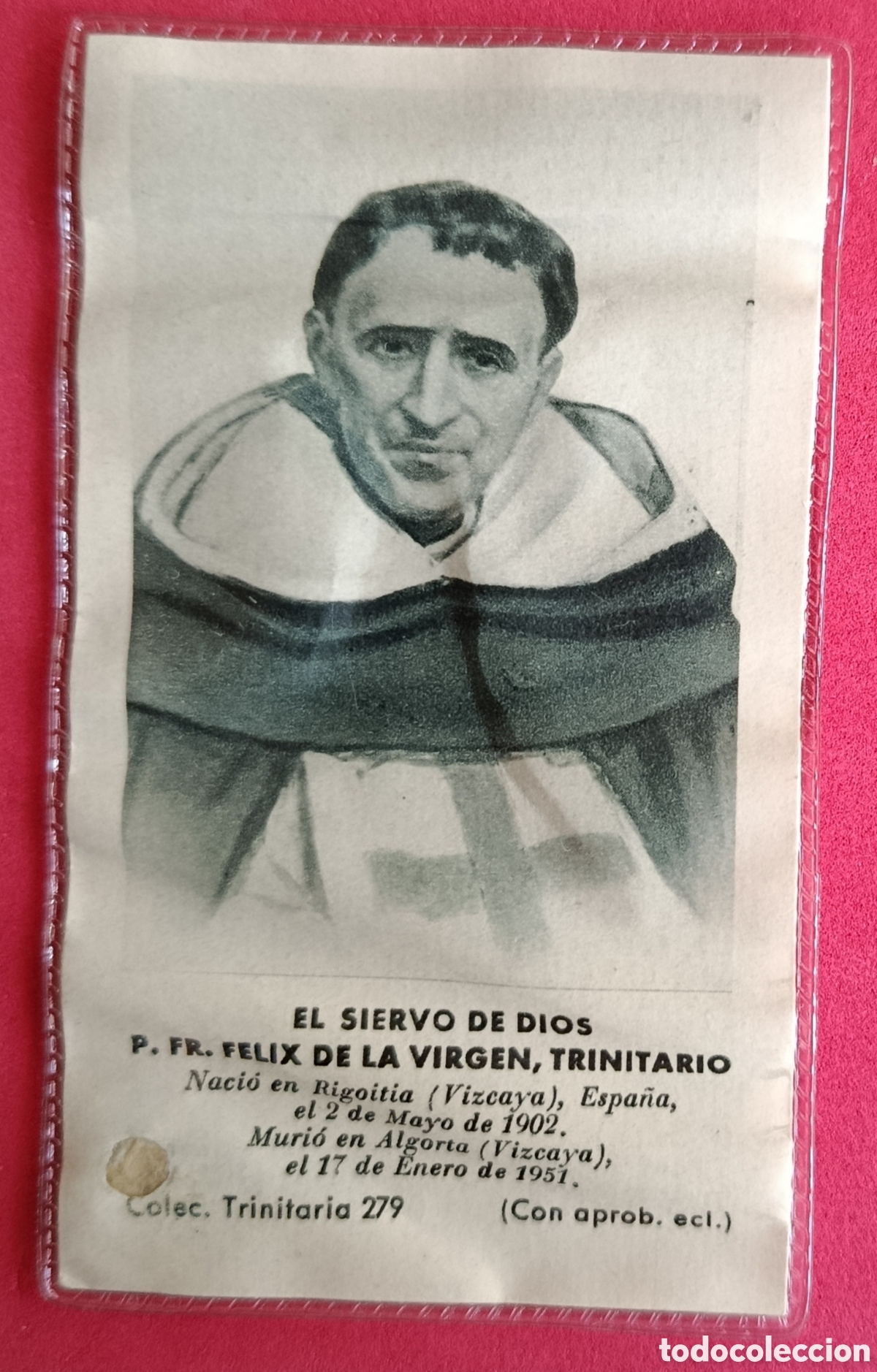 Antig&uuml;edades: Estampa religiosa con reliquia. El siervo de Dios P. Fr Felix de la Virgen Trinitario.