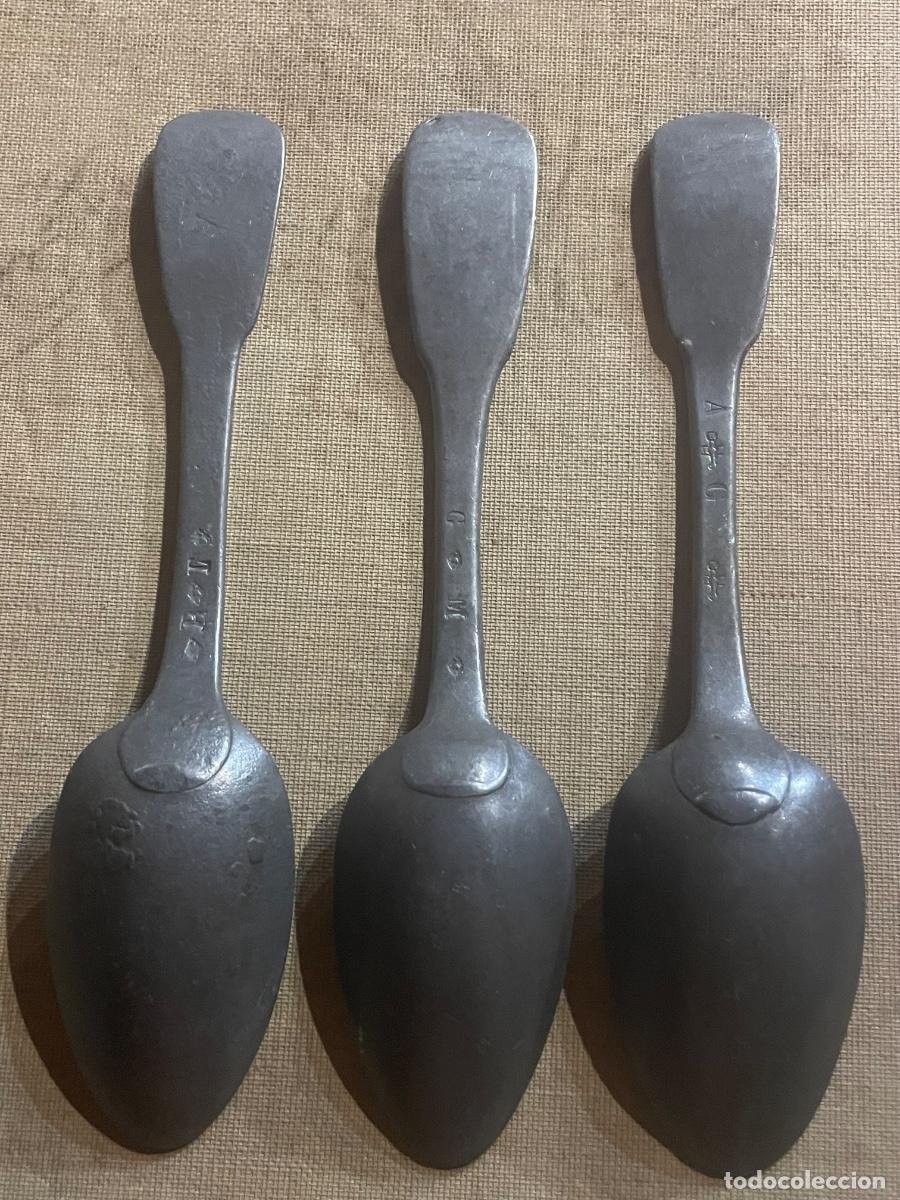 Antig&uuml;edades: ANTIGUO JUEGO DE TRES CUCHARAS DE ESTA&Ntilde;O SON SUS CONTRASTES S.XIX