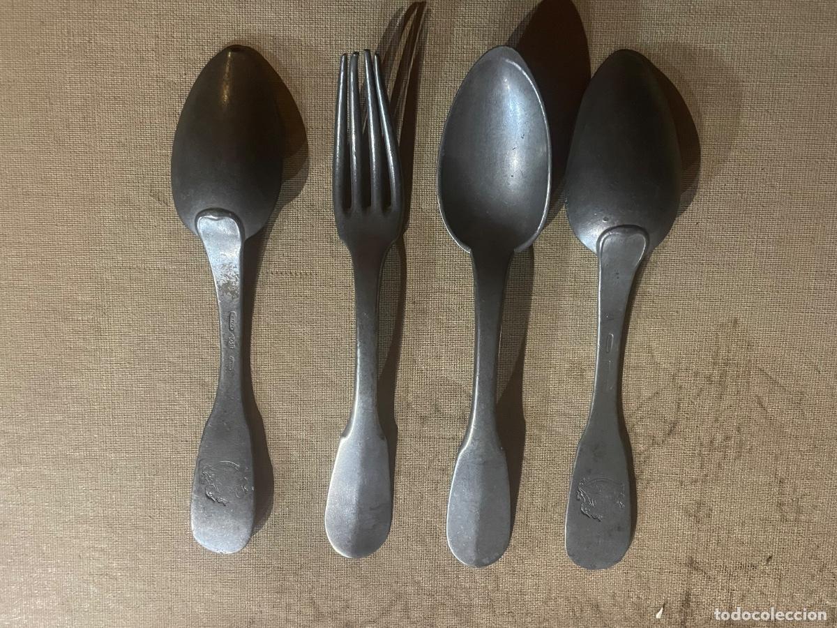 Antig&uuml;edades: ANTIGUO JUEGO DE CUBIERTOS DE ESTA&Ntilde;O S. XIX -3 cucharas 1 tenedor CON SUS CONTRASTES I ESCUDO