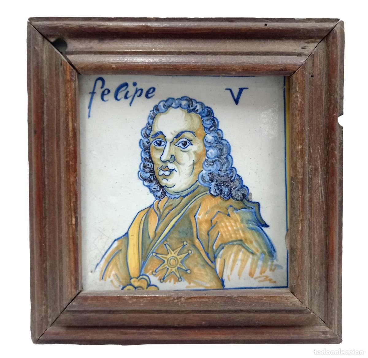 Antig&uuml;edades: Azulejo con retrato de Felipe V De cer&aacute;mica esmaltada y enmarcado