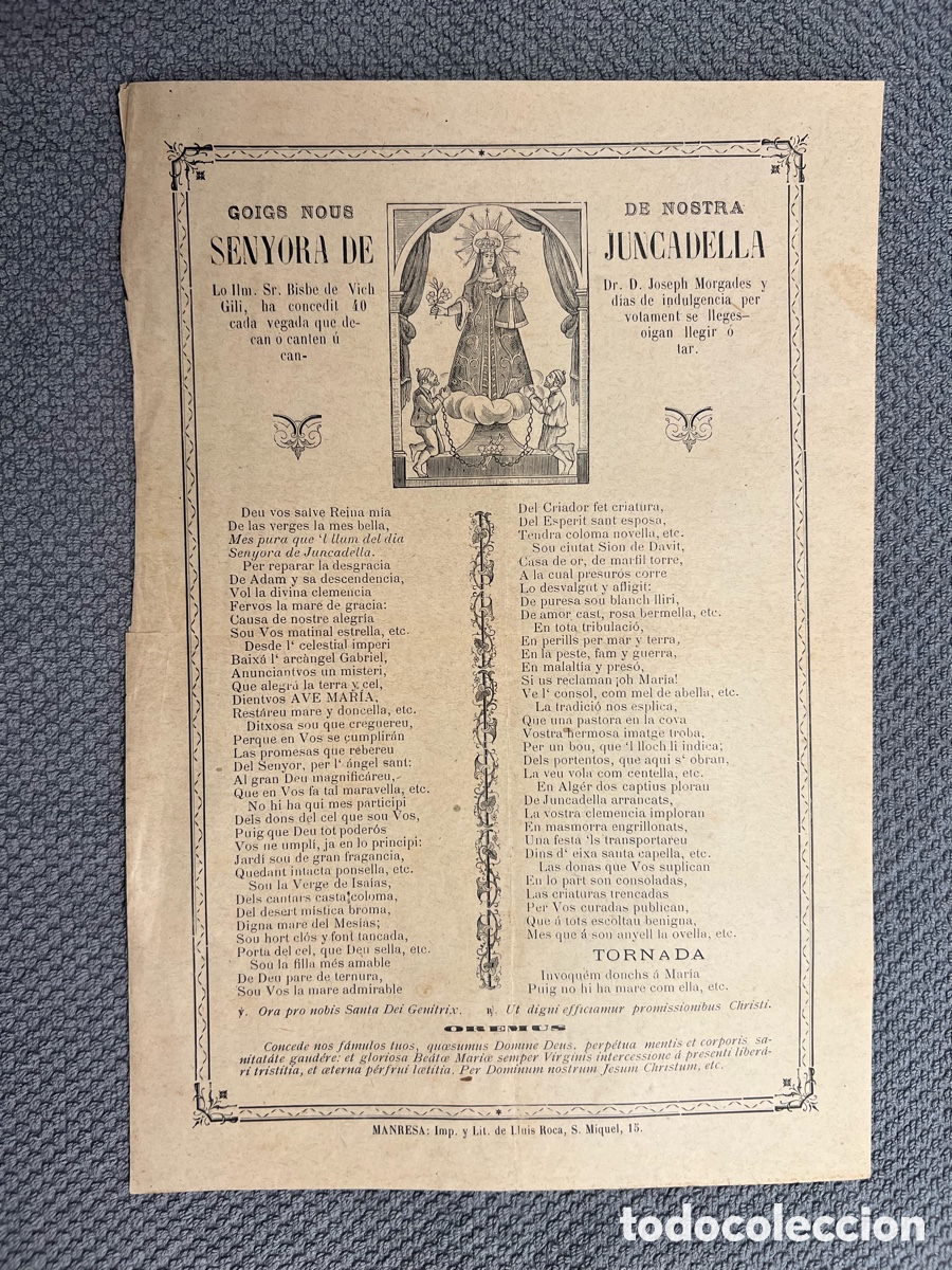 Antig&uuml;edades: GOIGS NOUS DE NOSTRA SENYORA DE JUNCADELLA.. MANRESA, V. LLUIS ROCA (a.1909)