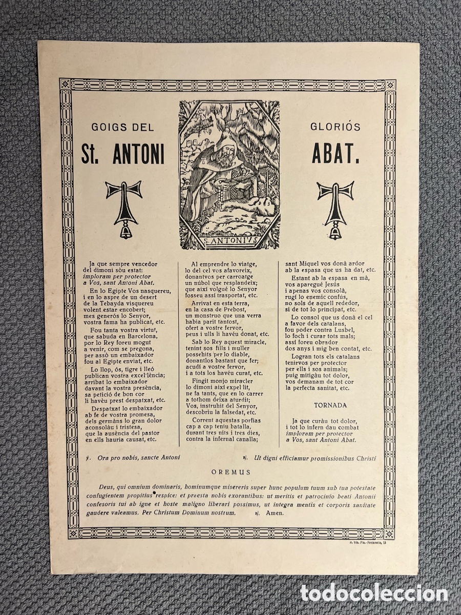 Antig&uuml;edades: GOIGS DEL GLORIOS SANT ANTONI ABAT.. Amb gravat del Sant al revers (h.1900?) DIPTIC