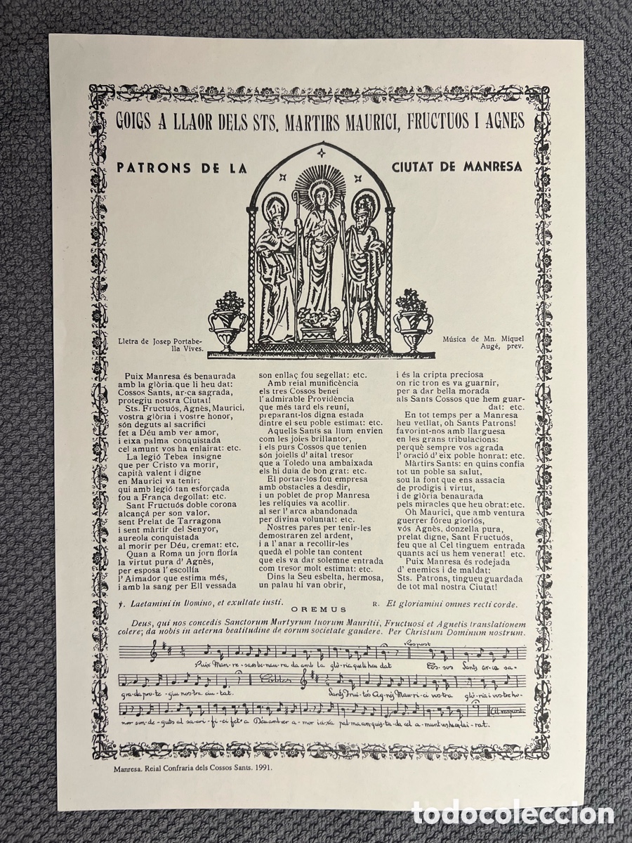 Antig&uuml;edades: MANRESA, GOIGS GOZOS A LLAOR DELS STS. MARTIRS MAURICI. FRUCTUOS I AGNES (a.1991)