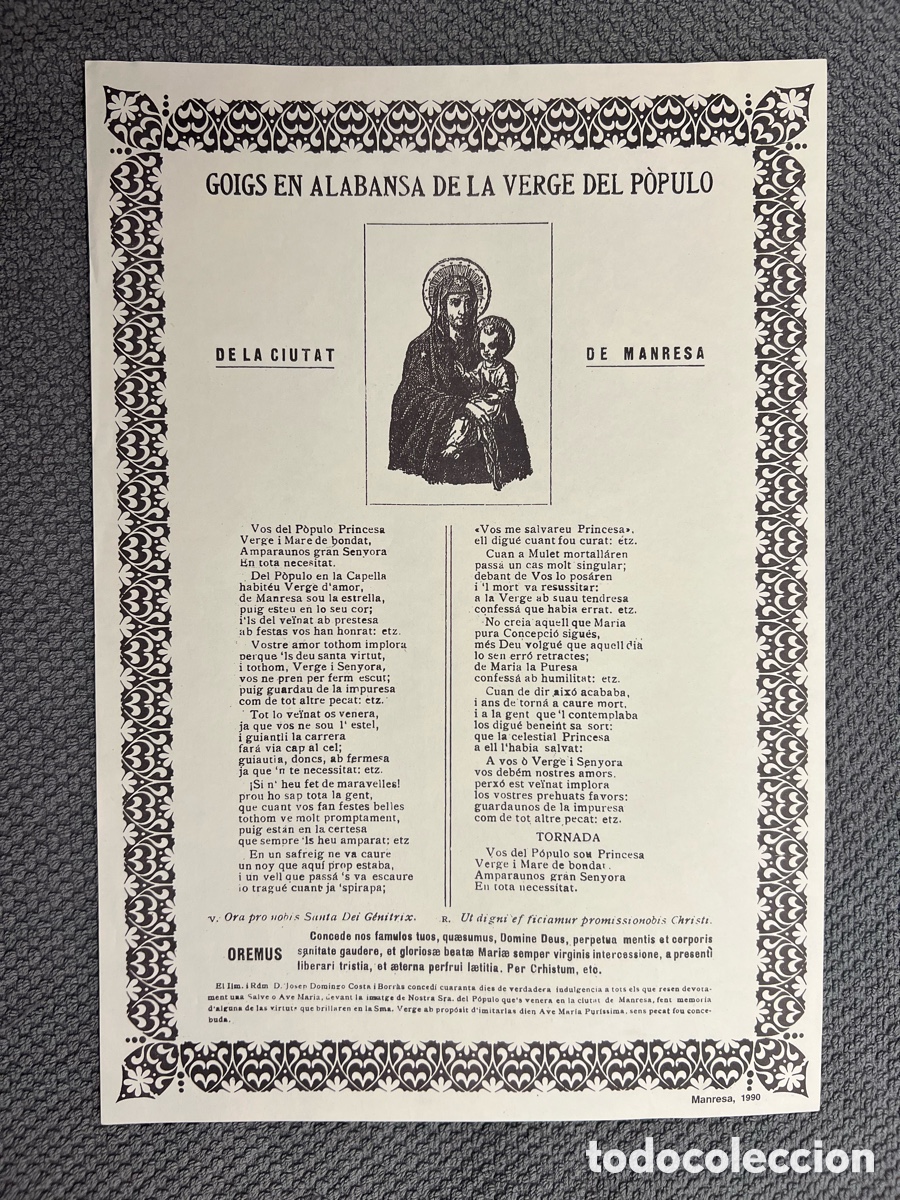 Antig&uuml;edades: MANRESA. GOIGS EN ALABANSA DE LA VERGE DEL P&Ograve;PULO (a.1990)