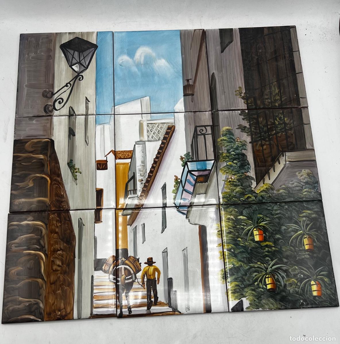 Antig&uuml;edades: MURAL CER&Aacute;MICO PINTADO A MANO. L. MORA. 3x3 AZULEJOS. 15 x 15 CM.