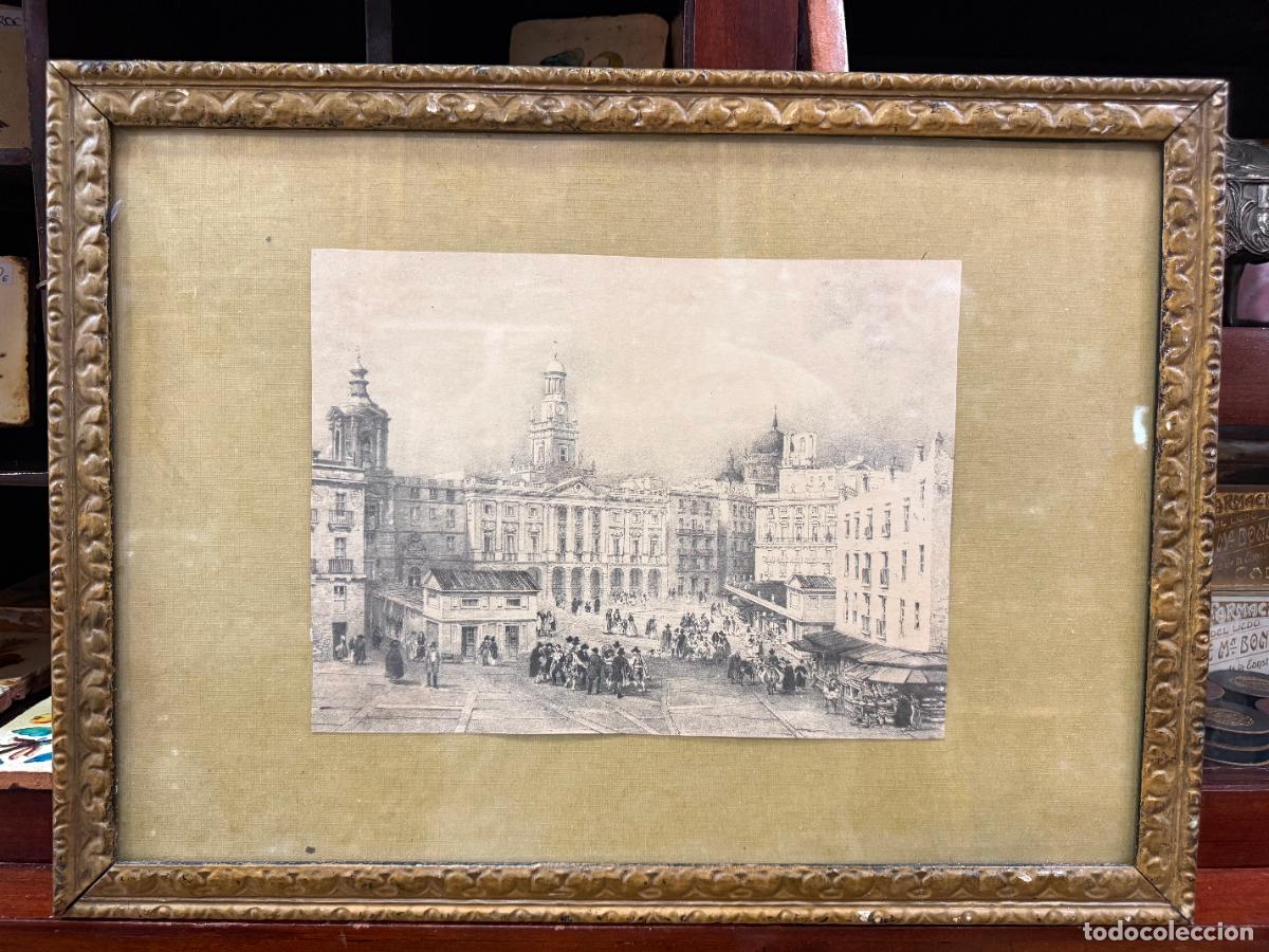 Antig&uuml;edades: ANTIGUA LITOGRAFIA DE LA PLAZA DE SAN JUAN DE DIOS DE CADIZ - MEDIDA MARCO 49X36 CM
