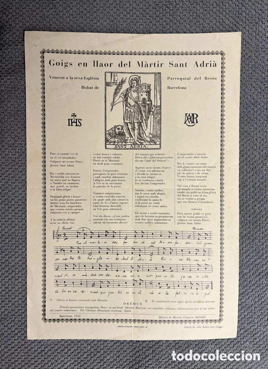 Antig&uuml;edades: Goigs en Llaor del Martir Sant Adria Parroquia de Besos Bisbat de Barcelona- 1932 en catal&aacute;n.