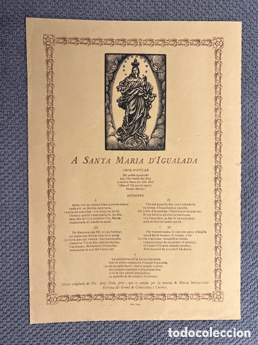 Antig&uuml;edades: GOIGS A SANTA MARIA D'IGUALADA. Patrona del Gremi de Comestibles i Cereries (h.1930?)