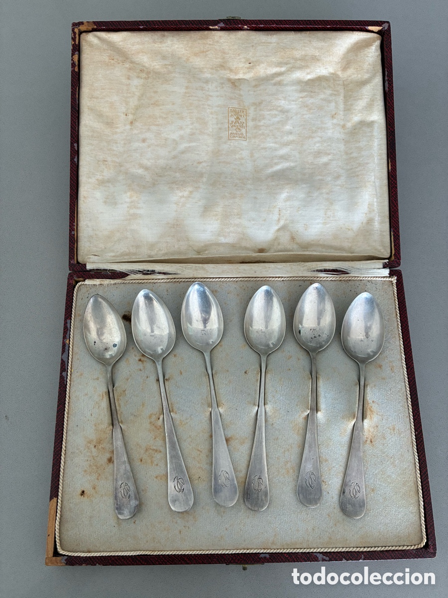 Antig&uuml;edades: Colecci&oacute;n de 6 cucharas de postre de plata Valent&iacute; &ndash; Barcelona &ndash; con estuche original