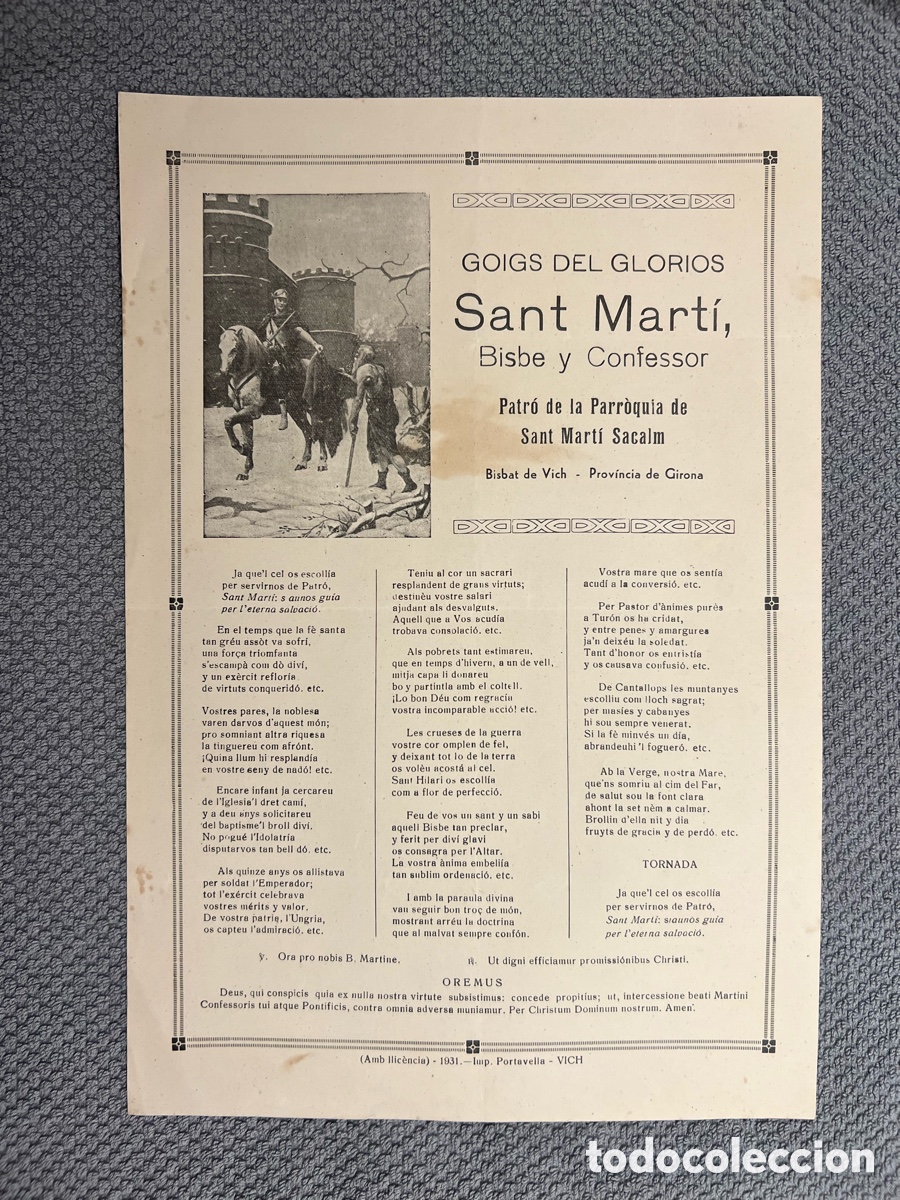 Antig&uuml;edades: GOIGS DEL GLORIOS SANT MART&Iacute;, BISBE Y CONFESSOR, PATR&Oacute; DE LA PARR&Ograve;QUIA DE SANT MART&Iacute; SACALM