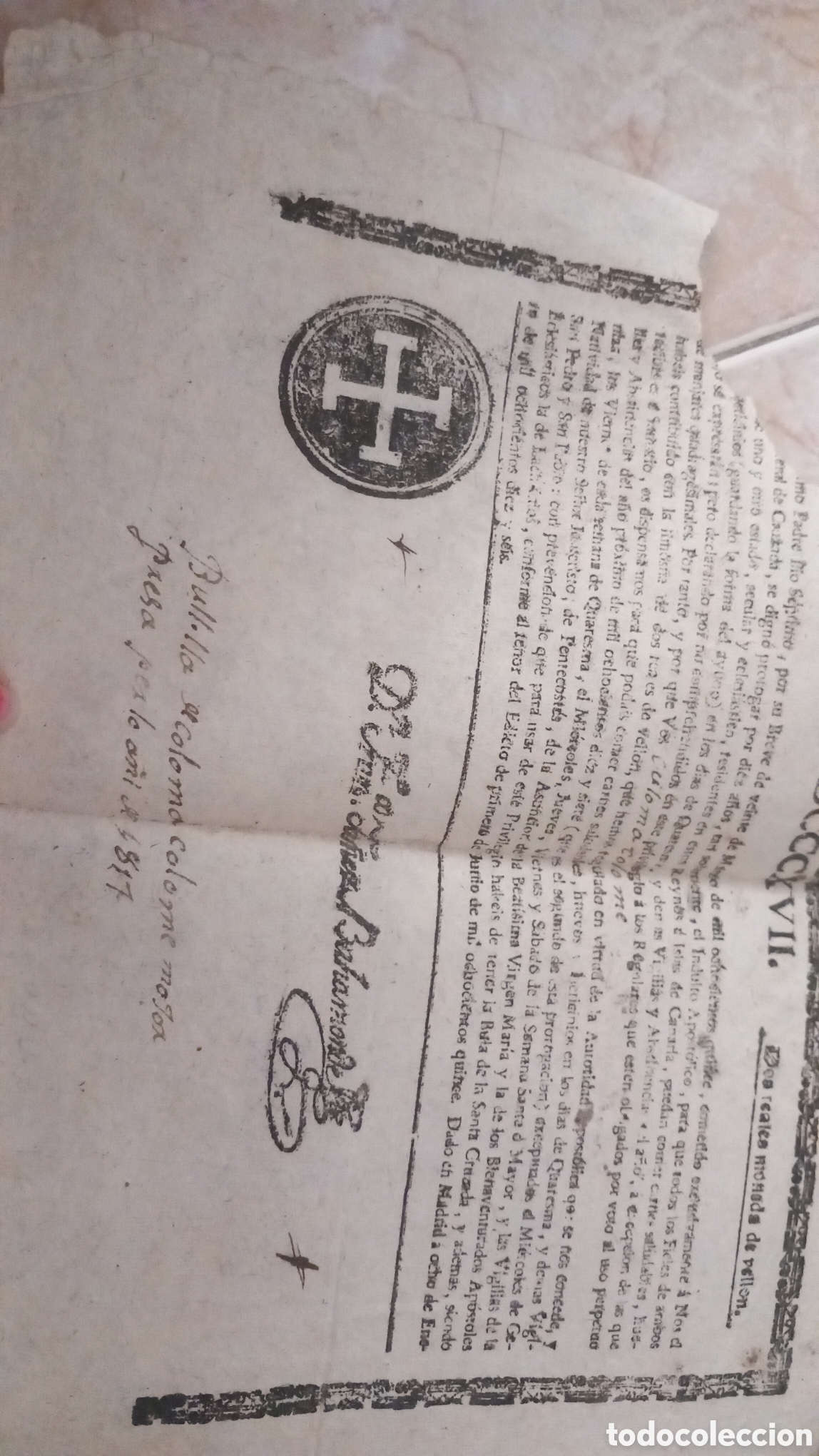 Antig&uuml;edades: Documento antiguo bula de indulgencias o indulto apost&oacute;lico de 1817