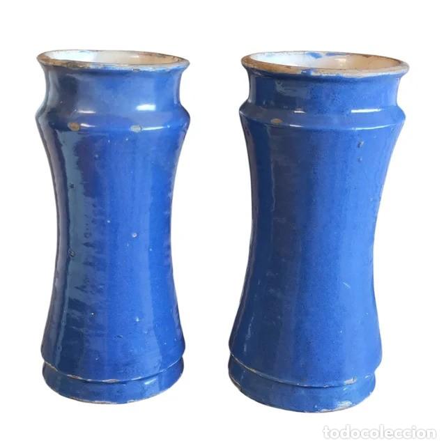 Antig&uuml;edades: Pareja albarelos azules XVII-XVIII Teruel Talavera