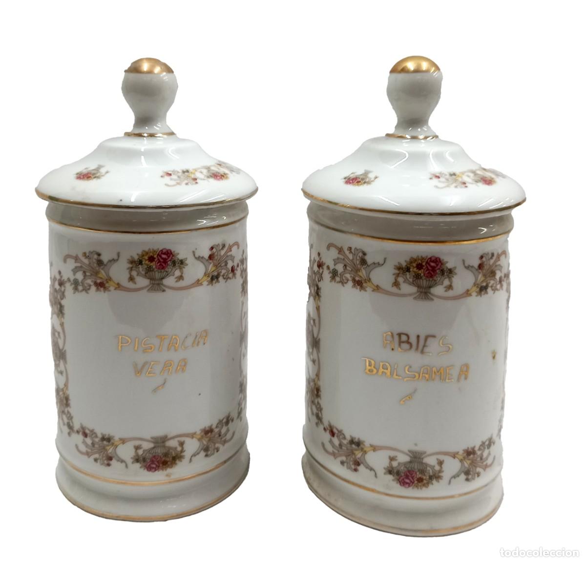 Antig&uuml;edades: Pareja de potes de farmacia. En porcelana blanca con decoraci&oacute;n de flores.