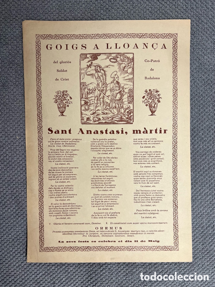 Antig&uuml;edades: GOIGS. LLOAN&Ccedil;A DEL GLORI&Oacute;S SOLDAT DE CRIST SANT ANASTASI M&Agrave;RTIR COPATRO DE BADALONA