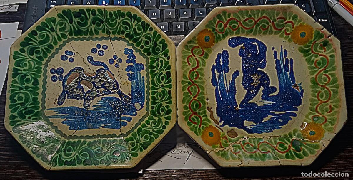 Antiquit&eacute;s: Pareja de Platos Octogonales Qajar (Persia / Ir&aacute;n) - S. XIX - Iconograf&iacute;a del Le&oacute;n y el Toro