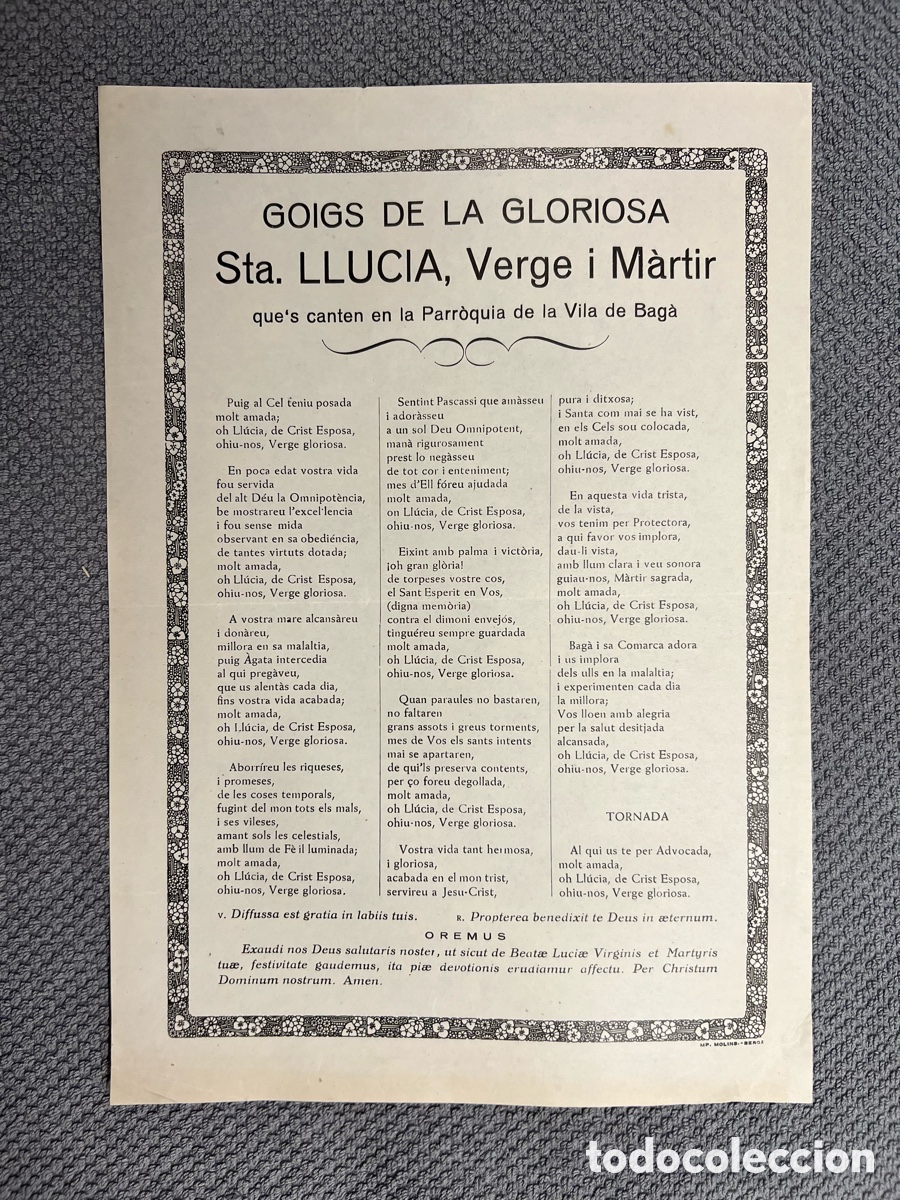 Antig&uuml;edades: GOIGS DE LA GLORIOSA STA. LLUCIA, Verge i M&agrave;rtir. que's canten en la Parr&ograve;quia de la Vila de Bag&agrave;