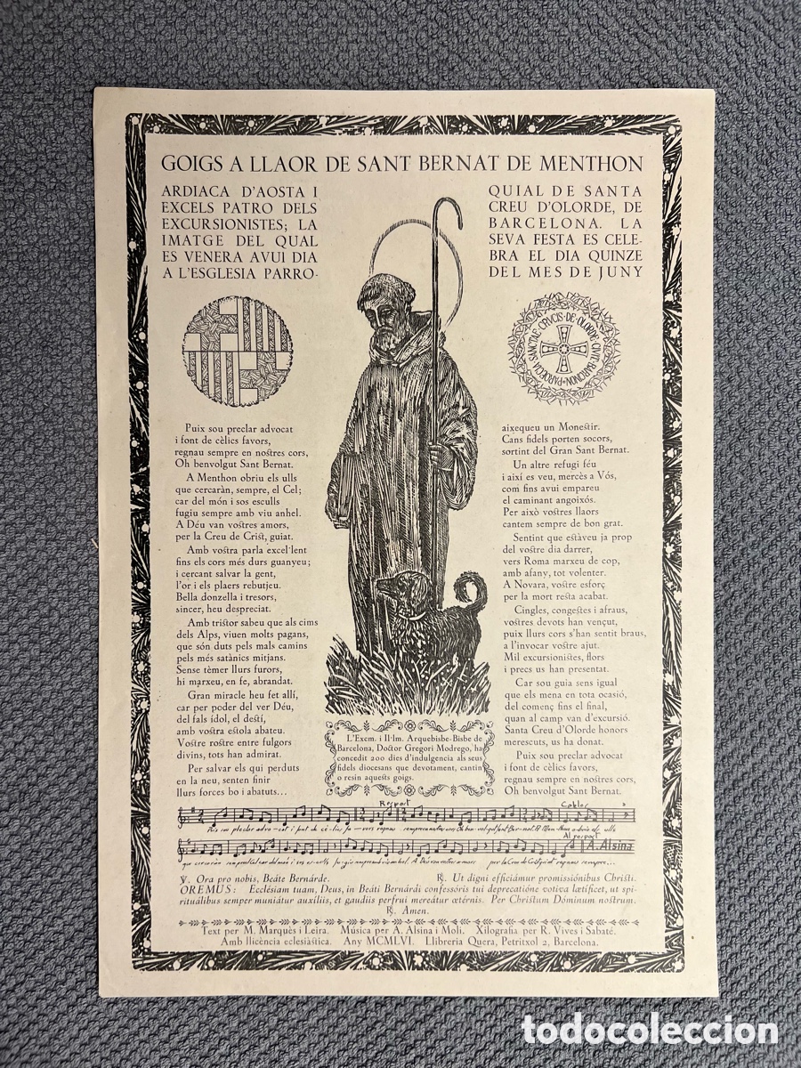 Antig&uuml;edades: GOIGS (GOZOS) A LLAOR DE SANT BERNAT DE MENTHON. Patron de los excursionistas (a.1956)