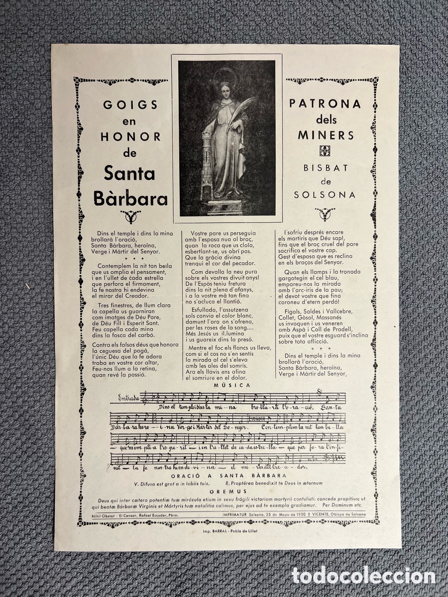 Antig&uuml;edades: GOIGS A SANTA B&Agrave;RBARA PATRONA DELS MINERS. SOLSONA (IMP. BARRAL, POBLA DE LILLET, 1950)
