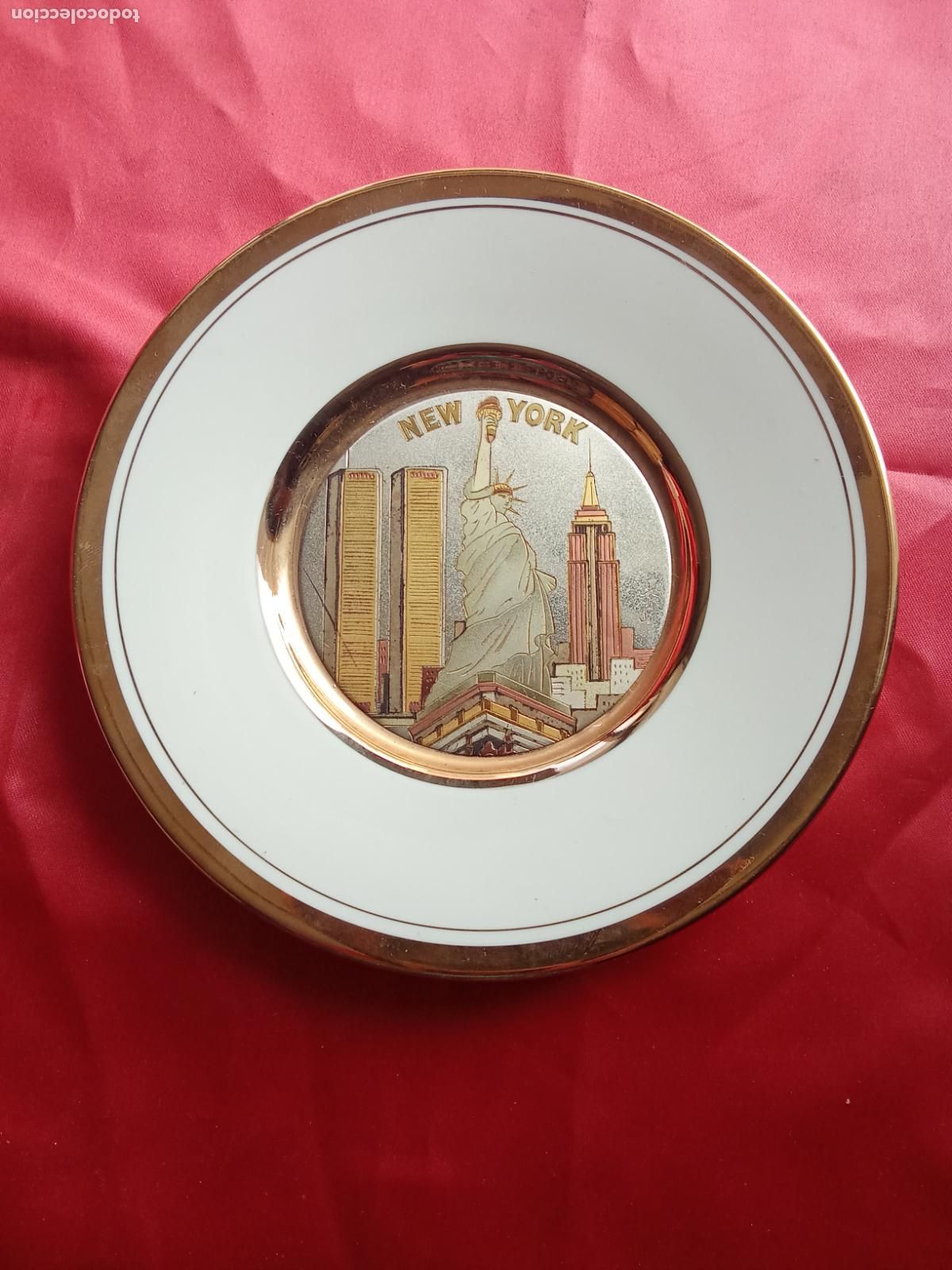 Antig&uuml;edades: Plato New York Chokin original oro 24 k C. Cer&aacute;mica