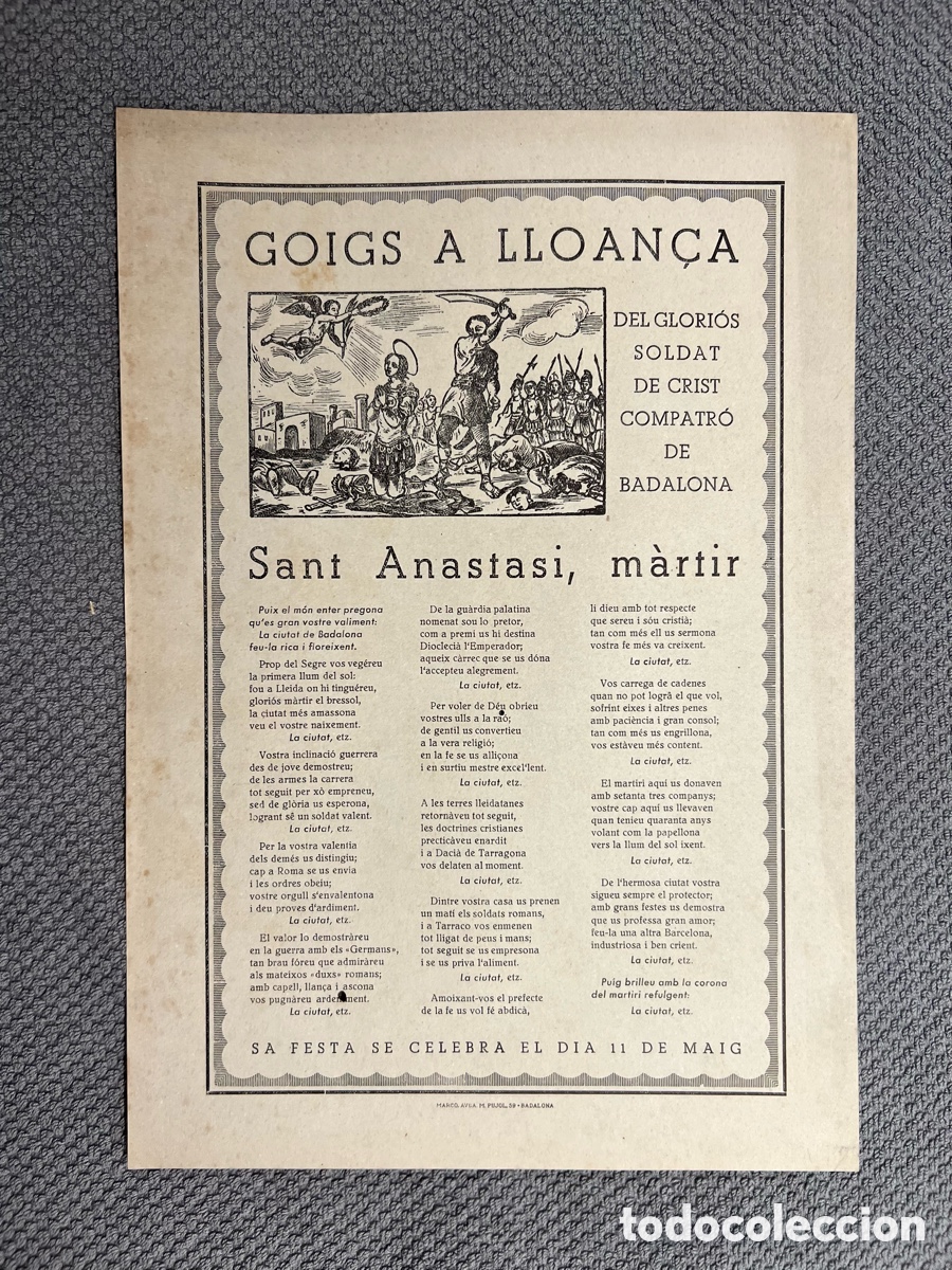 Antig&uuml;edades: GOIGS. LLOAN&Ccedil;A DEL GLORI&Oacute;S SOLDAT DE CRIST SANT ANASTASI M&Agrave;RTIR COPATRO DE BADALONA