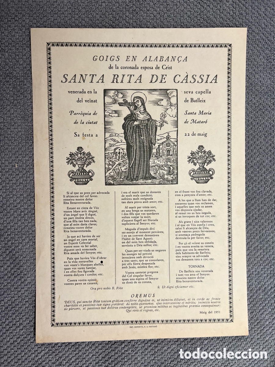 Antig&uuml;edades: GOIGS EN ALABAN&Ccedil;A DE SANTA RITA DE C&Agrave;SSIA. PARROQUIA STA. MARIA, MATAR&Oacute;, BARCELONA (a.1951)