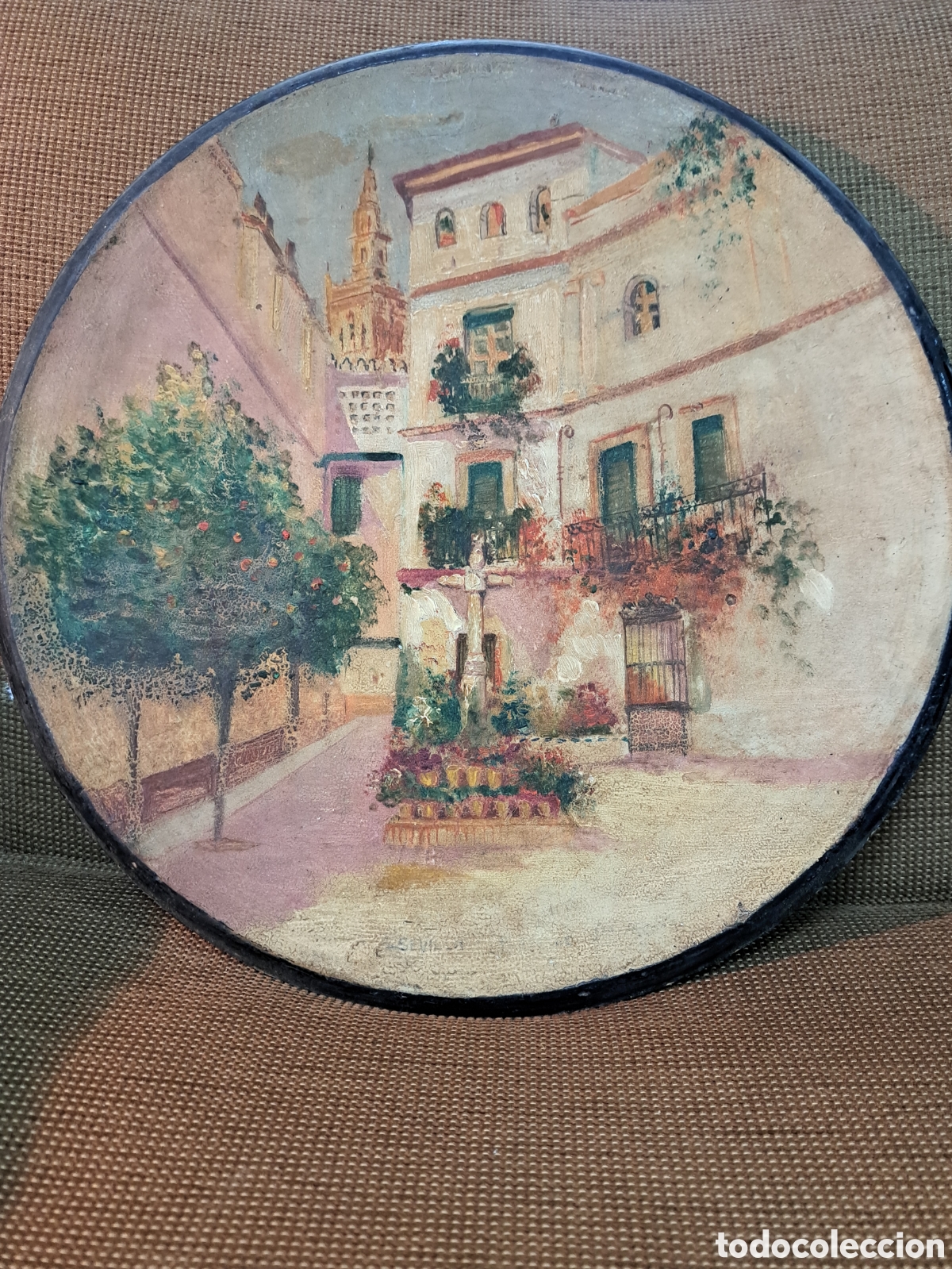 Antig&uuml;edades: Plato Sevilla mensaje al oleo