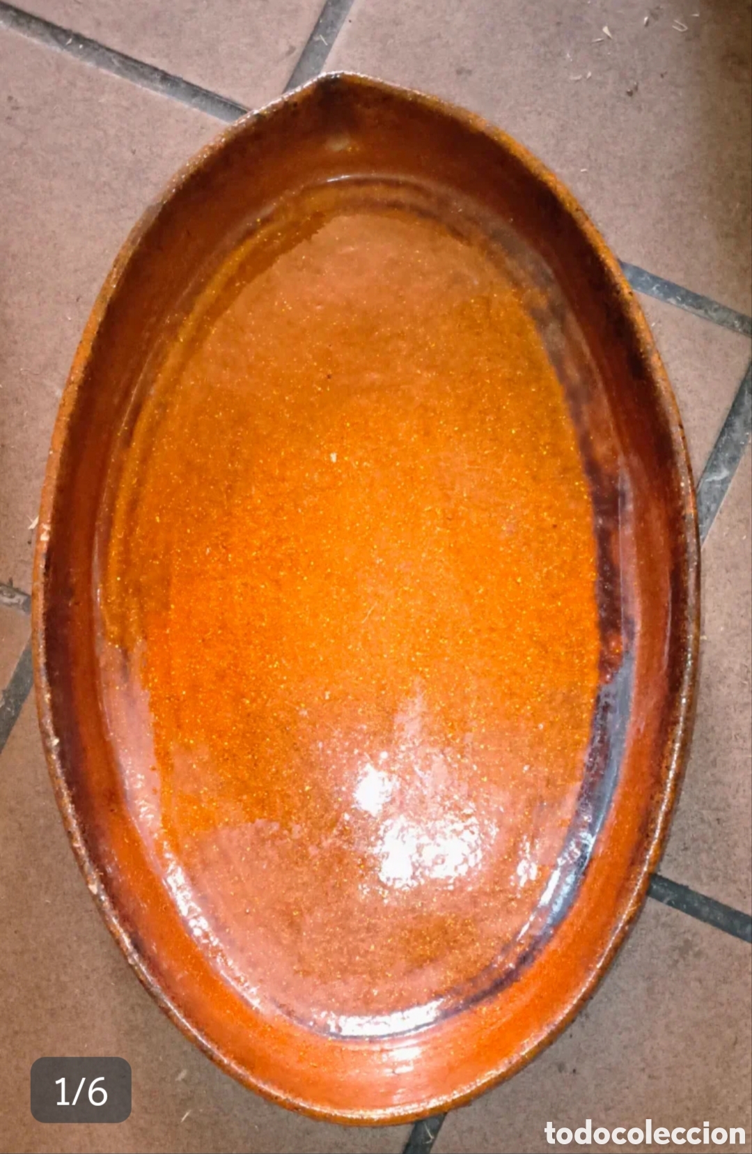 Antig&uuml;edades: Fuente ovalada r&uacute;stica de barro cocido esmaltado