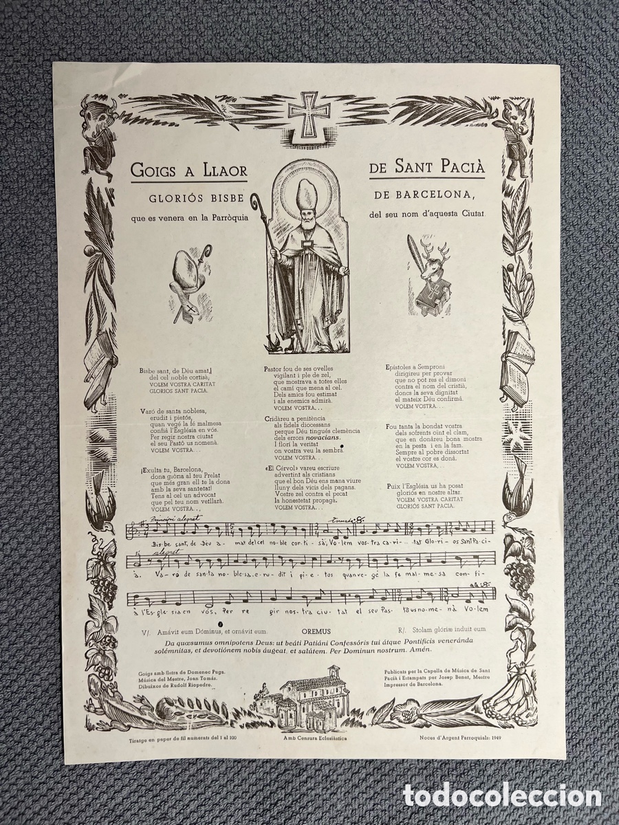 Antig&uuml;edades: GOIGS A LLAOR DEL GLORI&Oacute;S BISBE SANT PACI&Agrave;. GLORIOS BISBE DE BARCELONA (a.1949)