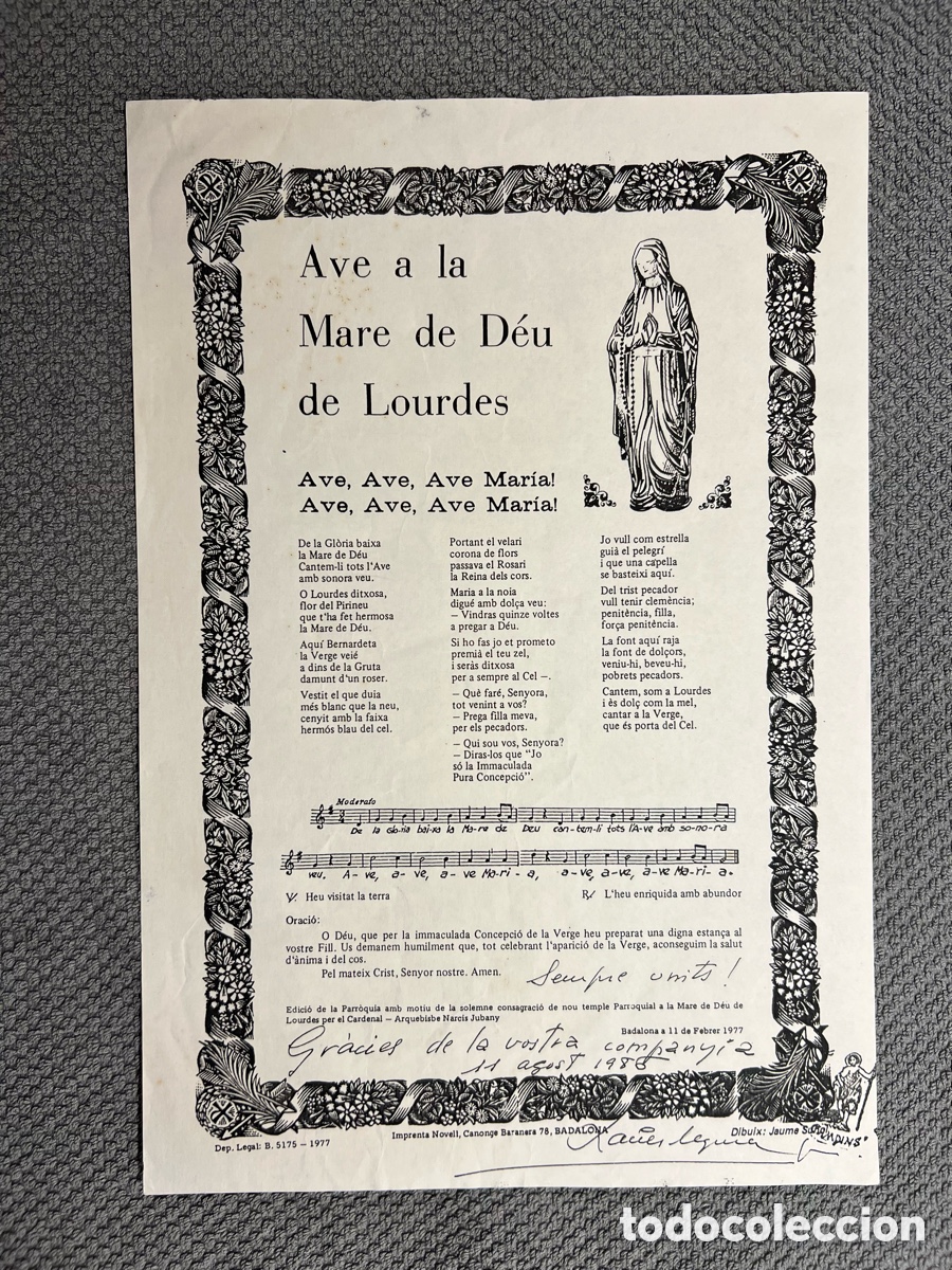 Antig&uuml;edades: GOIGS.. AVE A LA MARE DE D&Eacute;U DE LOURDES DE BADALONA (a.1977) dedicados&hellip;.